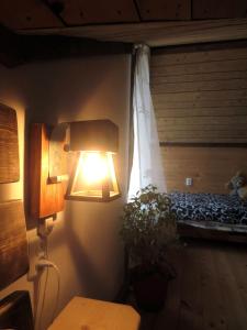 1 dormitorio con 1 cama y una luz en la pared en Art d'ECO, en Skole