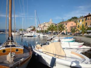 a bunch of boats are docked in a harbor at Hotel Della Baia in Portovenere