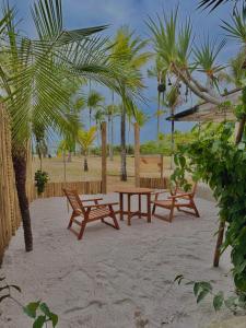 due panche e un tavolo su una spiaggia con palme di Kokar Casa Hotel - Santo André a Santa Cruz Cabrália