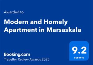 Vottorð, verðlaun, skilti eða annað skjal til sýnis á Modern and Homely Apartment in Marsaskala