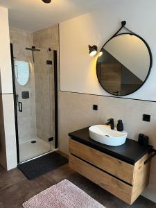 a bathroom with a sink and a mirror at Ferienhaus Am Nationalpark 8A in Klausdorf Mecklenburg Vorpommern +9 photos