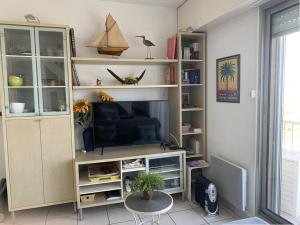 salon z telewizorem i półką na książki w obiekcie Duplex climatisé 4 pers, balcon, parking privé, proche plages et commerces - FR-1-335-168 w Hyères