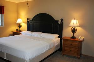 1 dormitorio con 1 cama, 2 lámparas y teléfono en 2 bedroom accessible condo #112 Wild Eagle Lodge, en Eagle River 30 fotos más