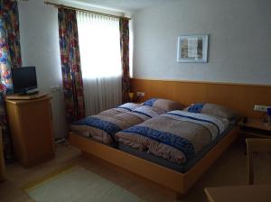 1 dormitorio con 2 camas, ventana y TV en Landhaus Fohlenhof, en Mehrstetten