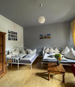 a living room with two couches and a table at Ferienwohnungen Jowatzky Altkötzschenbroda in Radebeul