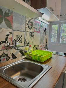 Un fregadero de cocina con un cesto de platos verde encima. en Apartments Harmoney, en Rukavac