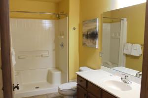 a bathroom with a sink and a toilet and a shower at Duck Lake 2 bedroom condo at Wild Eagle Lodge, #206 in Eagle River