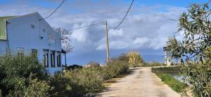 een onverharde weg naast een wit gebouw bij Casa Bassa de La Marquesa in Deltebre