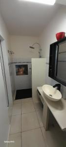 a bathroom with a sink and a tv and a fireplace at Studio de l'Anse Rouge Tartane in La Trinité +11 photos