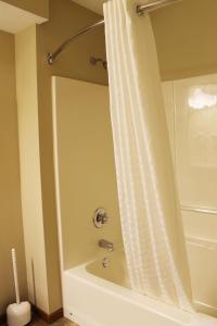 a bath tub with a shower curtain in a bathroom at 2 Bedroom Condo at Wild Eagle Lodge, #136 in Eagle River