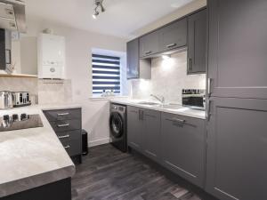 a kitchen with gray cabinets and a sink and a dishwasher at 3 The Granary in Banff