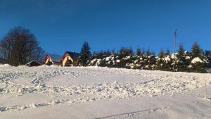 a snow covered hill with a house in the background at Agroturystyka u Doroty in Brenna +2 photos