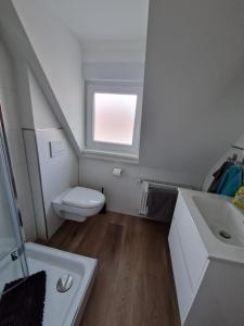 a small bathroom with a toilet and a sink at Ferienhaus Urlaub-in-Edenkoben in Edenkoben +25 photos