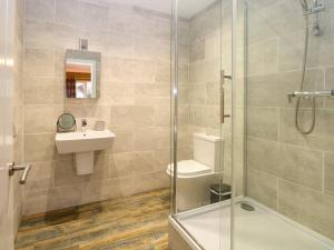 a bathroom with a shower and a sink and a toilet at Robin's Nest Lodge in Snettisham