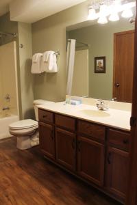 a bathroom with a sink and a toilet and a mirror at 2 Bedroom Condo at Wild Eagle Lodge in Eagle River +27 photos