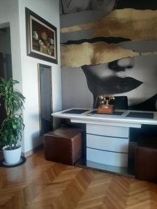 a room with a desk and a painting on the wall at Stylish King Downtown in Podgorica +29 photos