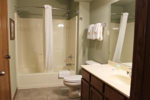 a bathroom with a toilet and a shower and a sink at 2 bedroom condo at Wild Eagle Lodge, #133 in Eagle River +26 photos
