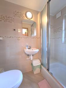 une salle de bain avec un lavabo, une douche et des toilettes dans l'établissement Pokoje u Krystyny, à Zakopane