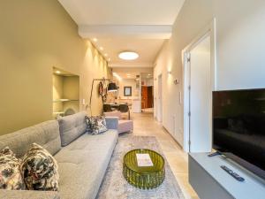 a living room with a couch and a flat screen tv at Can Bona Casa - Apartamento con vistas a la plaza in Besalú
