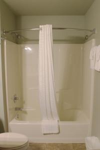 une salle de bain avec une douche avec un rideau de douche blanc dans l'établissement 2 Bedroom Condo at Wild Eagle Lodge, #229, à Eagle River