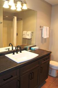 a bathroom with a sink and a toilet and a mirror at 3 Bedroom condo at Wild Eagle Lodge in Eagle River