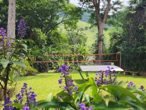 a picnic table in a garden with purple flowers at Sítio Donana Sana in Macaé
