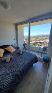 Departamento Mirador al Volcan في فيلاريكا: غرفة نوم بسرير كبير ونافذة كبيرة