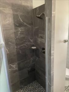 a bathroom with a shower with a glass door at Simply Southern in Mooresville +9 photos