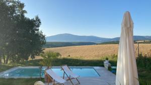 a pool with two lawn chairs and an umbrella at Casa Rural Teja Vieja in Duruelo