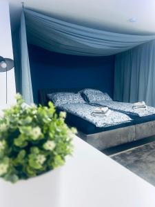 two beds in a room with blue walls at Ferienwohnung Schieferglück in Gründau