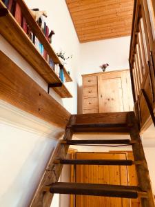 a ladder leading up to a room with wooden shelves at Ferienwohnungen auf einem ehemaligen Bauernhof in Neuhausen +25 photos