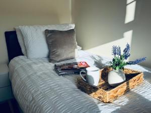 FrizingtonにあるLinga House - 3 Bedrooms - Sleeps 5のベッド(本と植物の入ったトレイ付)