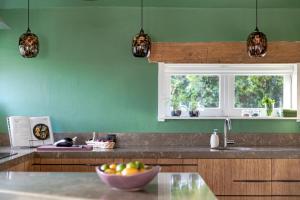 a kitchen with green walls and a bowl of fruit on a counter at Typisch in Halle