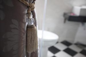 a bathroom with a toilet and a curtain with a rope at Qing Noise Villas in Hualien City