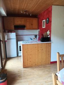 kuchnia z drewnianymi szafkami i białą lodówką w obiekcie Résidence Le Veymont - NOUVEAUTE: JOLI 3 PIECES MAE-4034 w mieście Villard-de-Lans