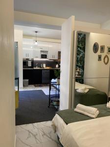 a living room with two beds and a kitchen at ΑΘΗΝΑ HOME in Ioannina