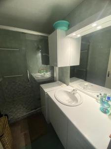 W łazience znajduje się biała umywalka i prysznic. w obiekcie Résidence Les Gemeaux I - Appartement trois pièces au coeur du village MAE-2304 w mieście Villard-de-Lans