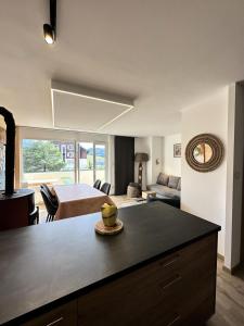维拉尔-德朗Résidence Le Vercors - Appartement proche du centre de Villard de Lans MAE-3934的厨房和客厅，配有一张床和一张桌子