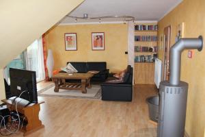 sala de estar con chimenea, sofá y TV en Ferienwohnung Moos-Hochsauerland en Wiemeringhausen