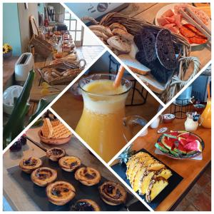 a collage of four pictures of food and a drink at Quinta Pereiro Tropic Garden, Algarve in Moncarapacho