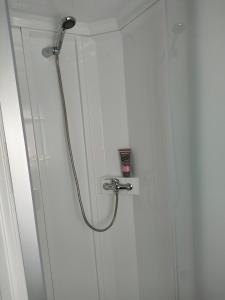 a shower with a hose attached to a white wall at Mobil home 8 pers dans Camping Siblu Les Rives de Condrieu in Condrieu +15 photos