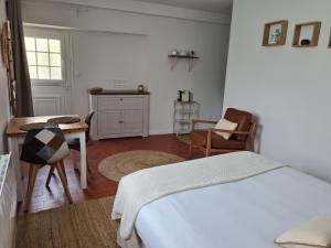 a bedroom with a bed and a desk and a chair at Le Moulin de serres in Bazoches