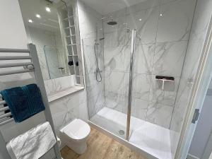 a bathroom with a shower and a toilet at The Penthouse Of Opulence in Birmingham +24 photos
