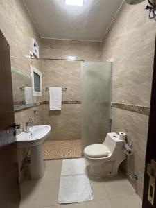 a bathroom with a toilet and a sink and a shower at Hayatt Ula suite -101 in AlUla