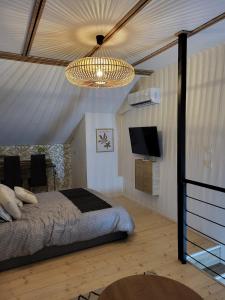 a bedroom with a bed and a flat screen tv at Maison 4p, parking, terrasse, jardin in Chancenay