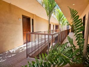 a hallway of a building with palm trees and a door at Hotel Agua Azul Sayulita in Sayulita