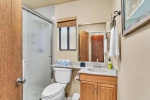 a bathroom with a toilet and a sink and a shower at Kings Beach Cabin Private Hot Tub, Near Lake & Ski in Kings Beach +25 photos