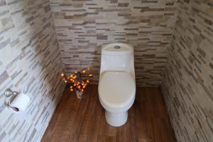 a bathroom with a white toilet in a brick wall at Loft romántico y acogedor junto al bosque in Huasca de Ocampo
