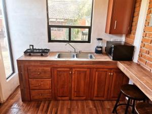 a kitchen with a sink and a microwave at Loft romántico y acogedor junto al bosque in Huasca de Ocampo