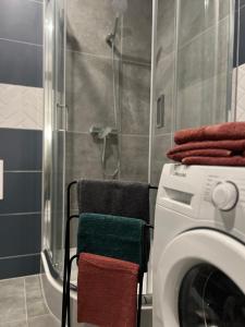 a bathroom with a washing machine and towels at Klimatyczna kawalerka na Rynku in Gliwice